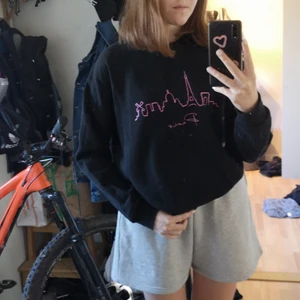 Svart sweatshirt med tryck - Fin enkel bas sweatshirt med ett rosa Paris-tryck på. Passar till alla tillfällen och i riktigt bra skick. Ungefär 2 år gammal och använd mycket under en period förr förra året. 