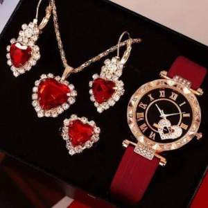 5st/set kvinnor klocka söt Hjärtkvarts klocka elegant ehinestone analog armbandsur & smyckesset. 