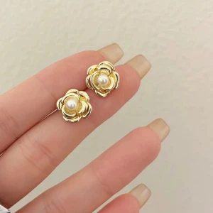 Golden Camellia Flower Stud Earrings with pearl - Gold plated, silver pins, faux pearl