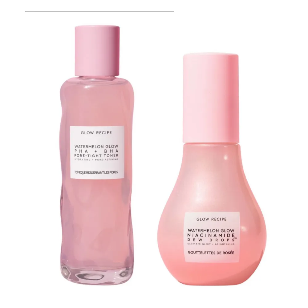 säljer dessa två glow recipe produkter 🥰 • Pore tight toner PHA+BHA (150ml) ca 75% kvar (300kr) • Niacinamide dew drops (40ml) ca 80% kvar (320kr) . Skönhet.