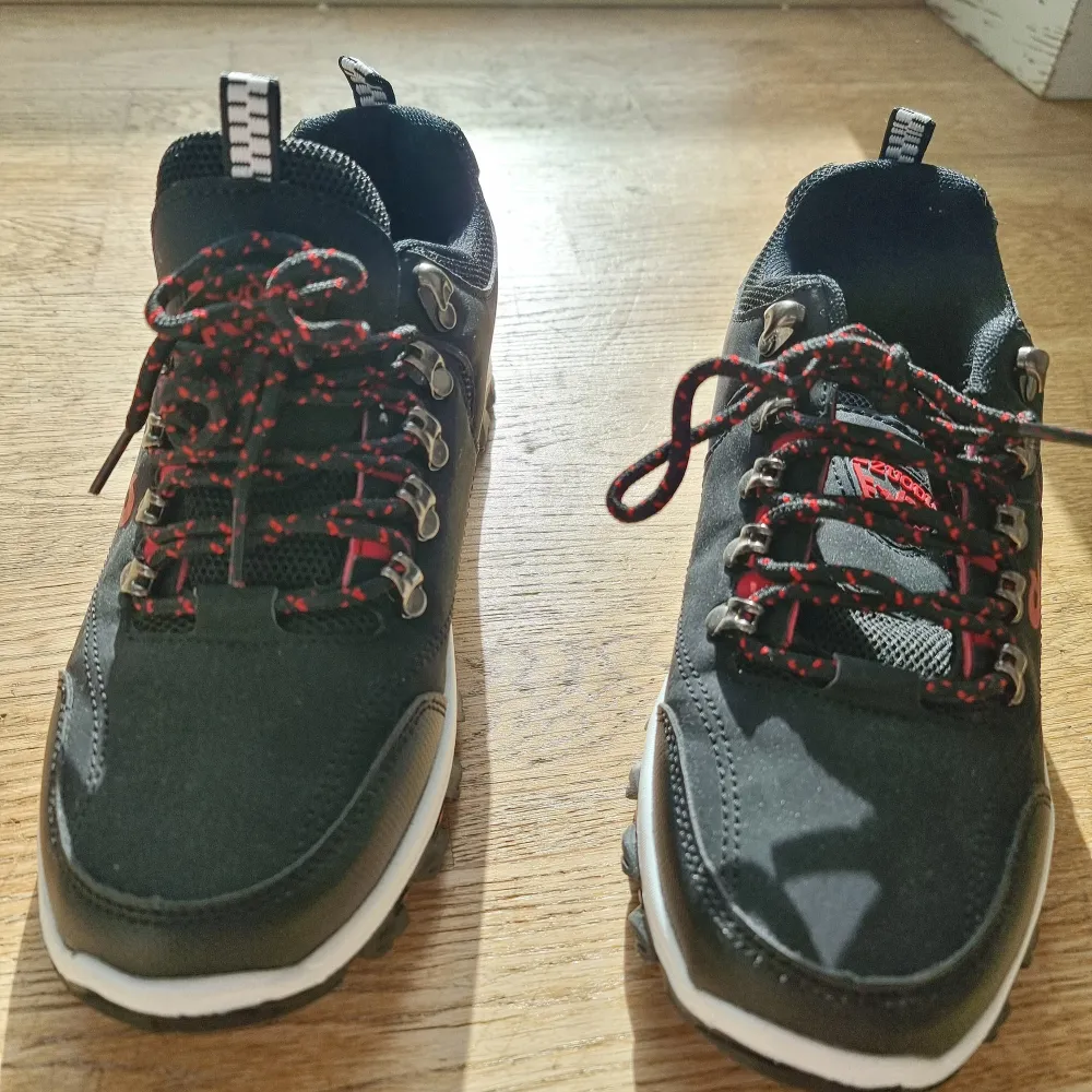 Nästan helt nya svart/röda Zoudi skor, använda en gång. Säljer de billigt för att jag fick de i present för några månader sedan. Inga hål eller fläckar.. Skor.