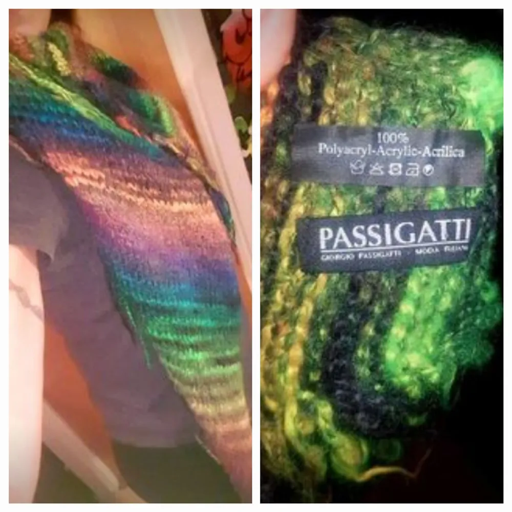 Flerfärgad värmande sjal eller halsduk. Väldigt vacker å köpt på en botiq i Stockholm. Nipris 1500 kr. Stickat.