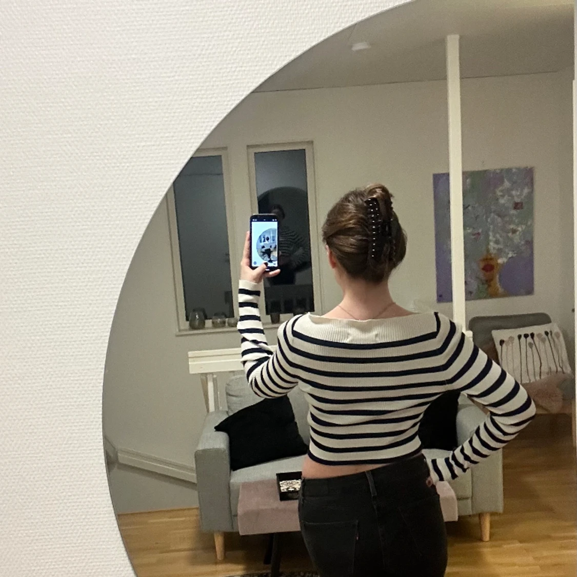 Ribbad randig offshoulder tröja - 90