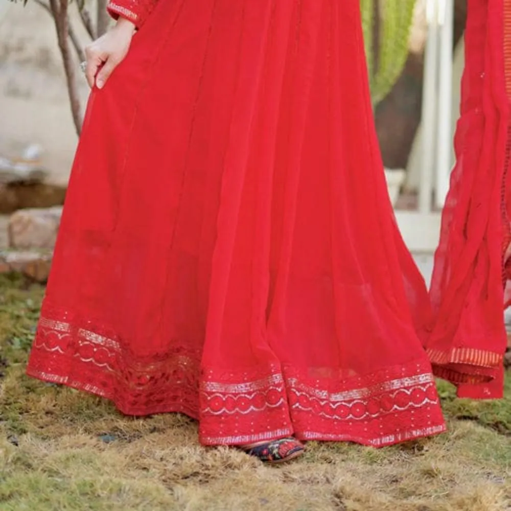 Bottom Style: Trouser Color Type: Red Dupatta Fabrics: Chiffon Lining Attached: As shown in Picture Number of Pieces: 3 Piece - Top + Bottom + Dupatta Season: All Season Shirt Fabrics: Chiffon Trouser Fabrics: Boski Work Technique: Mirror Wor. Mekot.