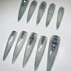 Reflective Transparent Press On Nails - Standard sizing/XXL length  WHAT COMES WITH THE NAIL SET:  • ONE NAIL FILE  • ONE NAIL BUFFER  • ONE CUTICLE STICK  • 2 ALCOHOL WIPES  • ONE NAIL GLUE   If you are interested in customised press on nails you can DM me on IG: the.nailz.junkie