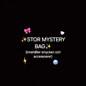 Mystery bag med smycken och accessoarer! Denna är strl stor men har även mellan och liten! Man kan kontakta mig om det är en speciell stil elr färg man vill ha, köparen står för frakt!🤍🤍🤍🤍