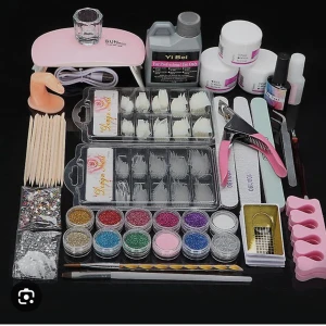 Gelenaglar kit (Endast Ex bild) - Rosa/vit gele nagelbuffert 15st Borstar 5st Lim Glitter/stenar 2st UV-lampor 7st nagelfilar 1st marmor bricka för att blanda ut färg 1st nagelkonst borste 22 st gel lack färger Top coat,primer,base coat 100st tippar Skriv vid intresse