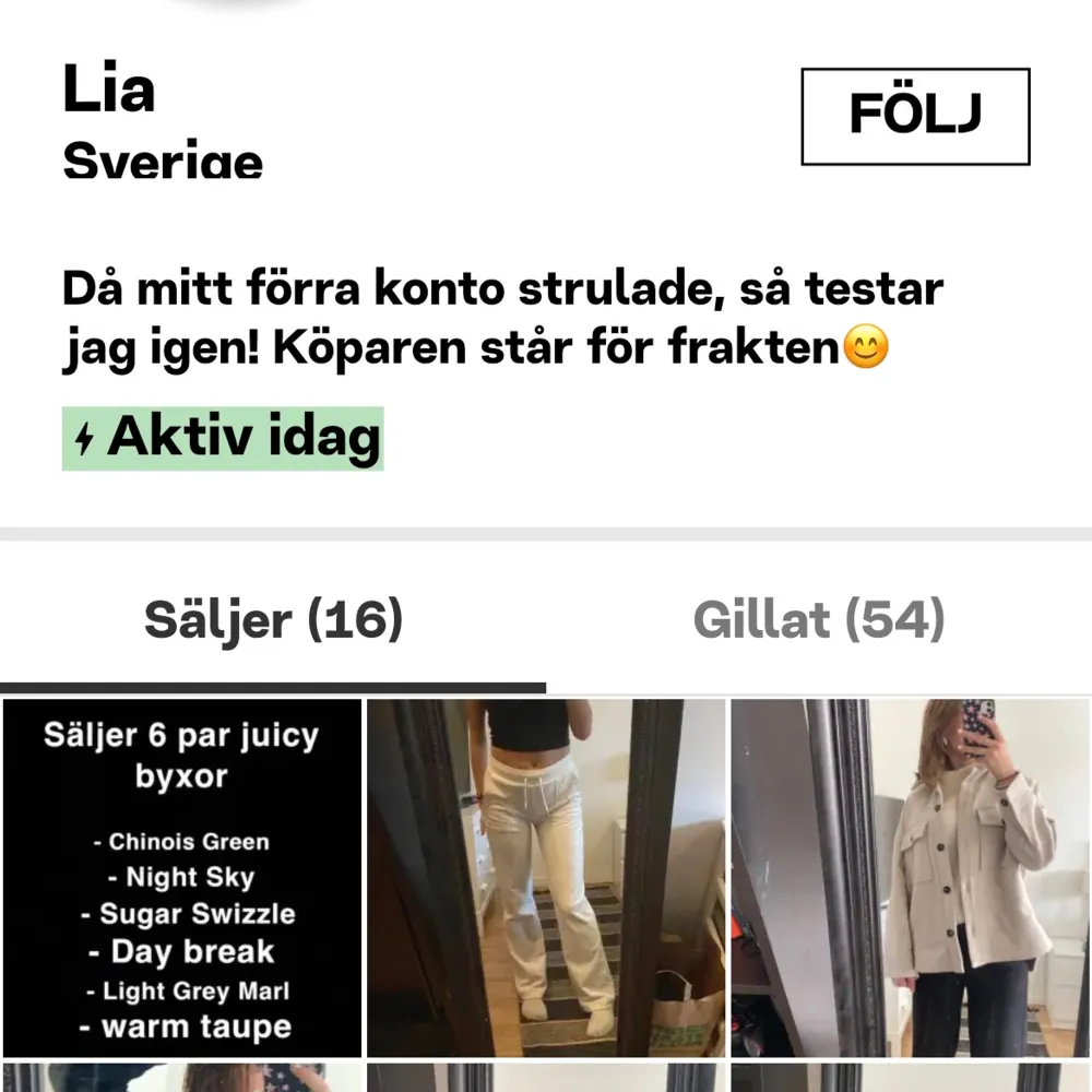 Köpte ett par juciy byxor av den här tjejen som heter Lia Annasholm efter jag swishat börjar hon bli mer oaktiv å dra massa ursäkter varför hon inte kunna posta eller svara så va uppmärksamma med vem ni köper saker av. Övrigt.