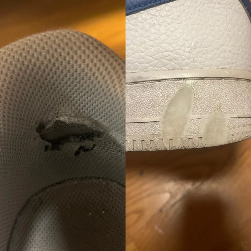 Ett par snygga Nike air force 1 med blått nikemärke. Köpta för ca 1300kr. De har några defekter som syns på sista bilden (skrapmärkerna är på insidan av skon så inget man tänker på).😊. Skor.