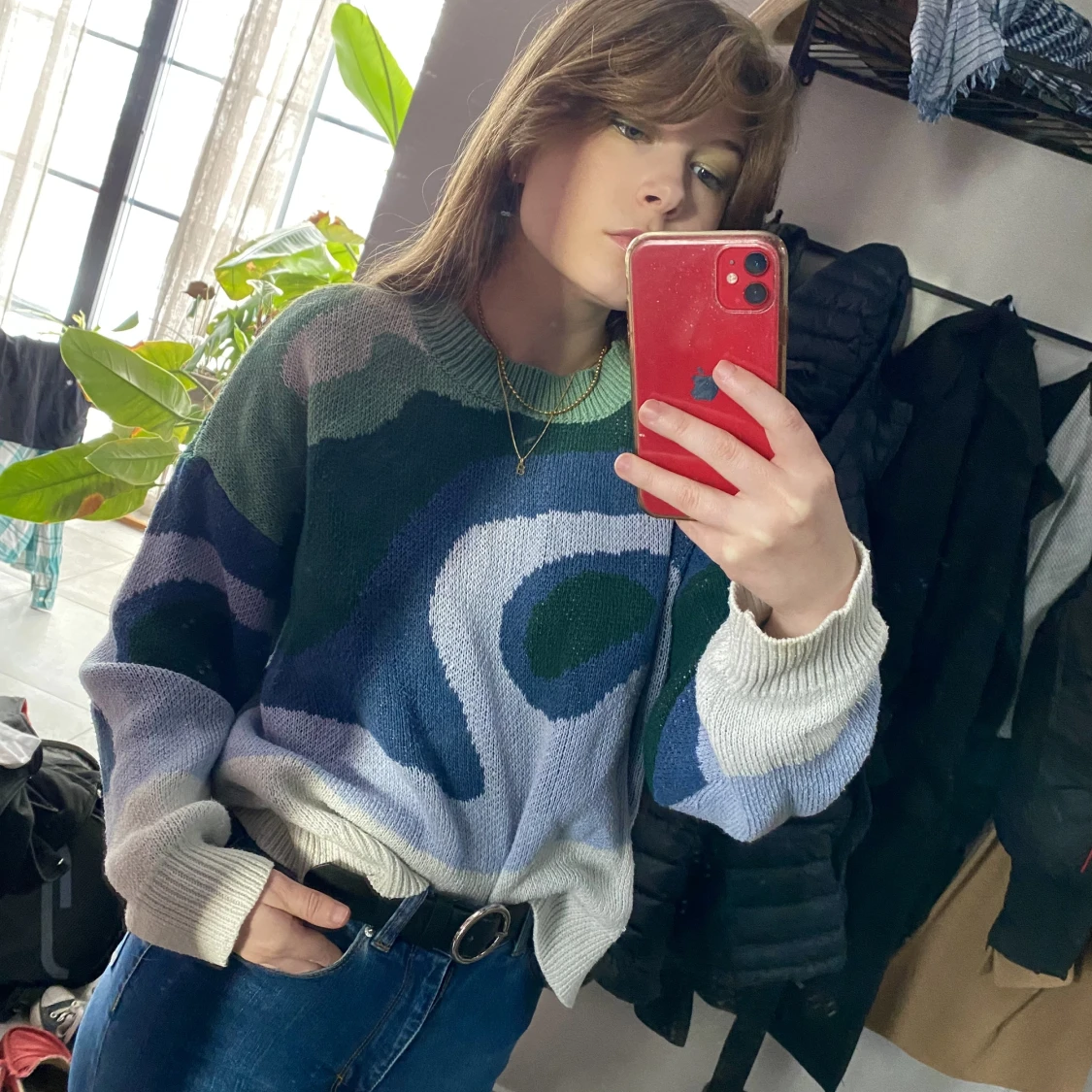 Blå-grön stickad tröja - 90