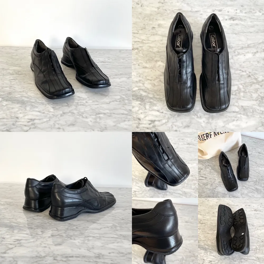 Vintage 90s 00s Y2K square toe wedge heel / wedges shoes in black size 36 - 36,5 Real leather. Lace up. Few minor marks and scratches, but nothing major. Cleaned. Label: 36,5 EU (3,5 UK), fit true to size in my opinion, might fit size 36 too. No returns. . Skor.