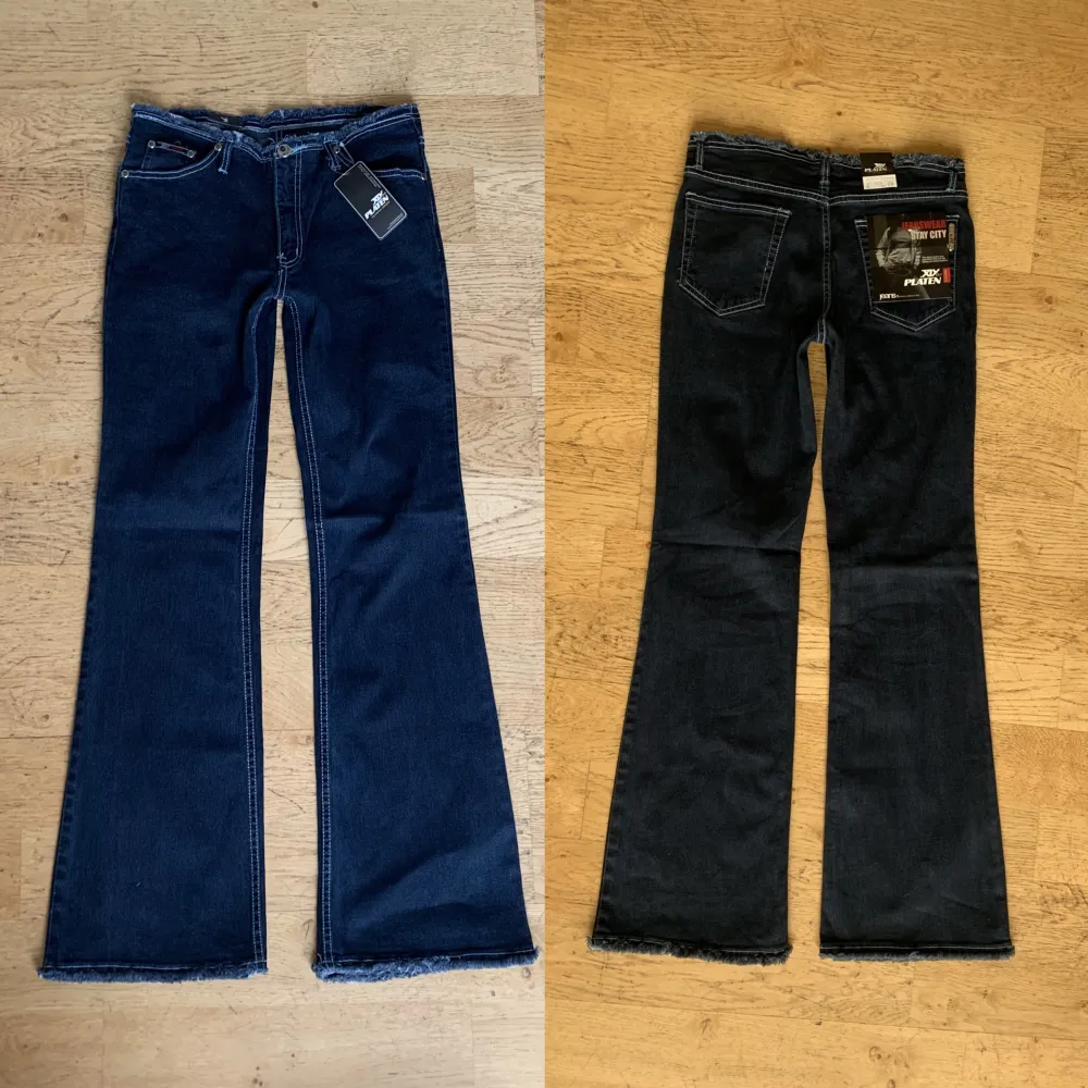 Snygga lågmidjade jeans med ”raw-edge” detaljer runt midja och benslut. Bootcut modell, nya med lappar! MÅTT: midja 75 cm (stretch), innerben 80 cm, jag är 177! Se min profil för liknande plagg❣️. Jeans & Byxor.