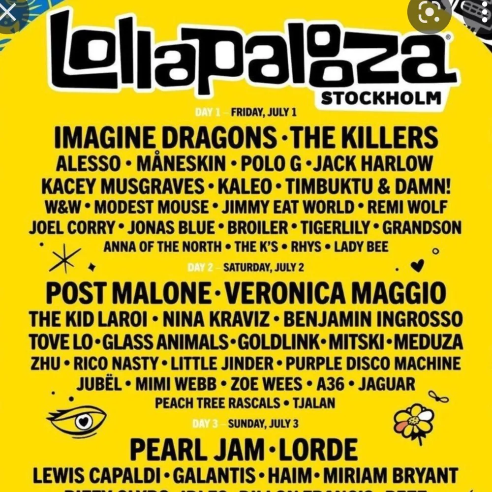 Säljer 2x Lollapalooza biljetter för Dag 3. 1195 var. Funkar att endast köpa en. . Övrigt.