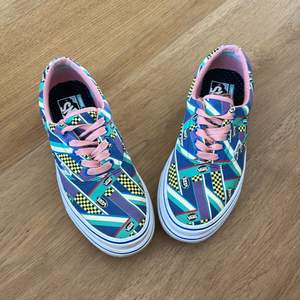 Vans customized platform sneakers. Comfy Cush. Pink inside, white platform with blue stripes and pattern in blue, green, yellow, red, black and white. Size EU 39. Used only 2 times. Very good condition. No scratches and barely any marks.