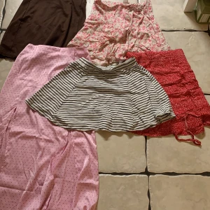 Kjolar - Rensar garderoben! Kjolarna kostar 30kr var men alla för 100kr Den bruna kommer från H&M samt den randiga och långa rosa. Den röda är ifrån SHEIN och den blommiga är köpt från zebra