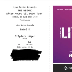 THE WEEKND  (1 biljett) STÅPLATS - 1 ståplats biljett för the weeknd konsert. Denna kostar 1500. Höjs med 10kr efter varje bud. (Ni kommer få denna biljett utskriven i ett brev. De kommer då blippa streckkoden i entrén) 