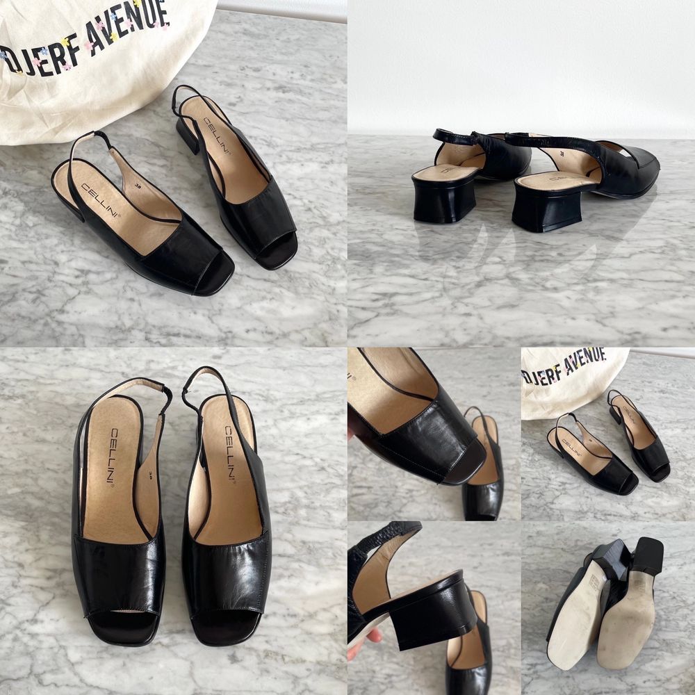 Vintage 90s 00s Y2K real leather block heel square toe sandals shoes in black size 38  Few tiny scratches here and there, but nothing major. Cleaned. Label: 38. Fit true size. Heels: 4,5 cm. No returns.. Skor.