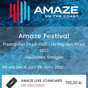 AMAZE biljett - Hjälper en vän att sälja sin biljett till festivalen i smögen AMAZE då hon inte kommer kunna gå. Biljetten är för en dag (29 juli) då Veronica Maggio, Newkid, Norlie & KKV och Smith and tell spelar. Biljettens original pris är 795 men säljer för 500kr🫶🏻💕