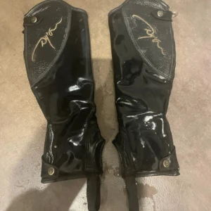 Svarta ridchaps från Dylan i skinn - Säljer ett par svarta ridchaps från Dylan i glansigt skinn med dragkedja och tryckknappar. Chapsen har en snygg guldfärgad signaturdetalj upptill och är perfekta för dig som vill ha stil på ridturen.