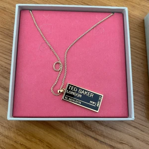 Guldigt halsband Ted Baker London - Halsband från Ted Baker London med en rektangulär bricka i svart och guld. Kedjan är tunn och  har texten 'Ted Baker London' samt koordinater och årtal. 