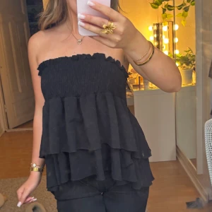 Svart volang tubtopp - Supersnygg svart tubtopp med smockad överdel och dubbla volanger som ger en flowy känsla. Toppen är axelbandslös och har en lätt rynkad kant upptill. Perfekt för dig som vill ha en trendig och luftig look. Den är ursprungligen en kjol och funkar perfekt till det men jag har föredragit att ha den som topp speciellt på vintern. Den är använd men i fint skick. Storlek xs/s