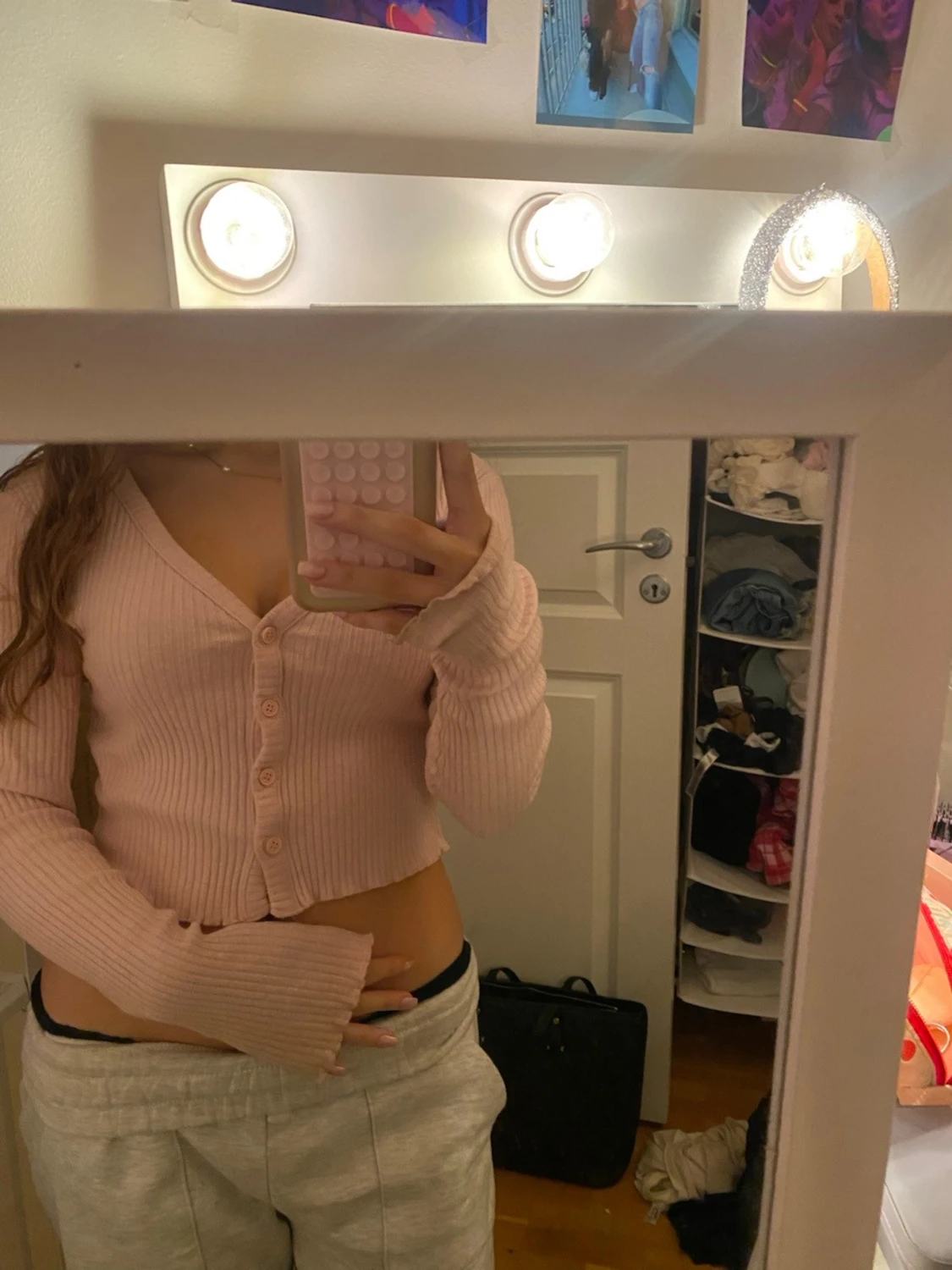 Ljusrosa croppad ribbad kofta - 1