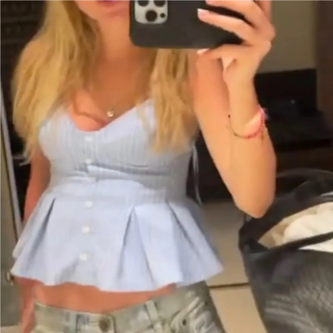 Blåvit randig linnetopp med knappar - 1