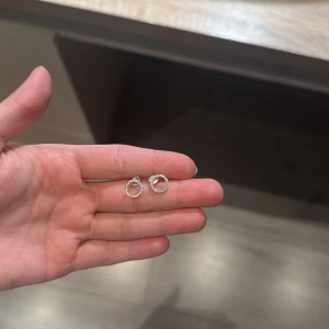 Glittriga cirkelformade örhängen i silver - Säljer ett par små, cirkelformade örhängen i silverfärg med glittrande stenar runt hela ringen. Perfekta för dig som gillar stilrena men ändå iögonfallande smycken. Sätts fast med klassisk stift och lås.