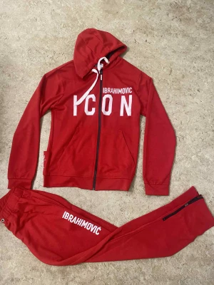 Röd tracksuit DSQUARED2 x Ibrahimovic - Röd tracksuit med huva och dragkedja framtill, stora vita tryck 'ICON' och 'IBRAHIMOVIC' på framsidan och byxan. Baksidan har DSQUARED2-tryck och konstmotiv. Snygga svarta dragkedjor vid benslut och vita snören i huvan. Perfekt för dig som gillar sportig och trendig stil.