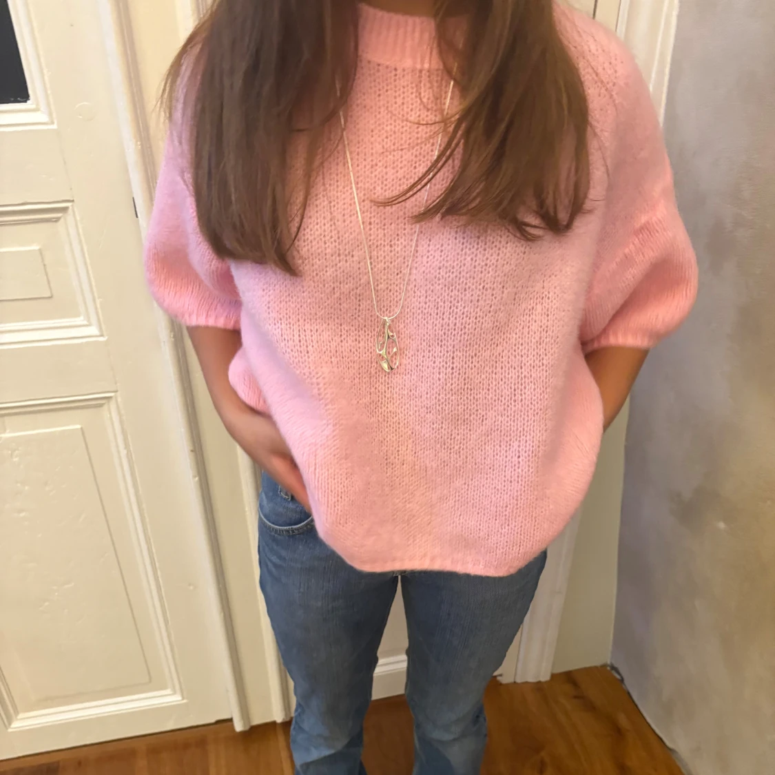 Ljusrosa stickad tröja med puffärm - 3