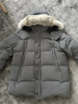 Grå Canada Goose dunjacka med päls - Säljer en grå dunjacka från Canada Goose med fluffig päls på huvan. Jackan har stora fickor, svarta knappar och patch på ärmen. Perfekt för kalla dagar med sin tjocka och quiltade design. Huvan är justerbar och jackan har dragkedja och knappstängning.