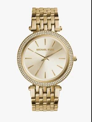 Michael kors klocka  - Bilderna visar en guldfärgad klocka från Michael Kors med glittrande stenar runt urtavlan och länkarmband, ingen väst finns med.