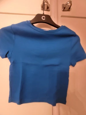 Blå croppad topp från Stradivarius - Säljer en enkel och snygg blå croppad topp från Stradivarius i storlek XS. Toppen har rund hals och korta ärmar, perfekt för dig som gillar stilrena plagg. Materialet är mjukt och känns skönt mot huden. Passar dig som vill ha en basic topp med modern passform.