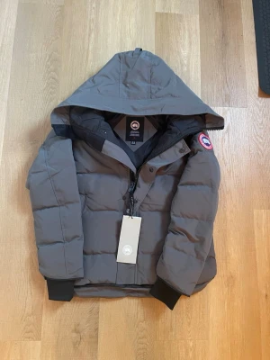 Grå pufferjacka från Canada Goose - Säljer en grå pufferjacka från Canada Goose i storlek M. Jackan har huva, ribbade muddar och klassisk logga på ärmen. Fylld med dun och har dragkedja samt knappar framtill. Perfekt för kalla dagar och har en clean, modern look.