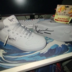 Ljus gråa Karl kani sneakers - Säljer ett par fräscha ljus gråa sneakers från Karl Kani med signaturdetalj på sidan, plösen och sulan. Skorna har klassisk snörning, rund tå och är tillverkade i syntetmaterial. Perfekta för dig som gillar stilrena och cleana sneakers med en unik touch. Pris kan diskuteras!