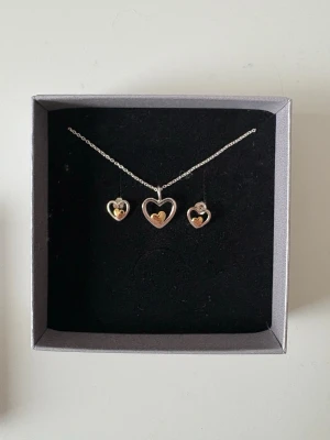 Halsband & örhängen hjärta Guldfynd - Säljer ett smyckeset från Guldfynd med halsband och örhängen i form av silverfärgade hjärtan med små guldfärgade hjärtan inuti. Kedjan är tunn och smidig, och smyckena har en stilren och söt design som passar perfekt till dig som gillar enkla detaljer. Aldrig använt!