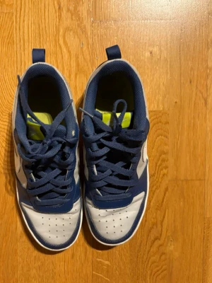 Nike sneakers - Säljer ett par Nike Low sneakers i blått och vitt med klassisk swoosh på sidan. Skorna har snörning, perforerad tå och en låg siluett. Ovandelen är i skinn och textil, med en cool limegrön innersula. Perfekta för dig som gillar streetwear vibes.