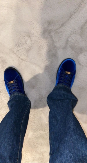 Blå sammetsneakers med svarta detaljer - Säljer ett par unika sneakers i djupblå sammet med svarta detaljer och svarta snören. Skorna har en platt sula och guldfärgade metalldetaljer vid snörningen. Perfekta för dig som vill sticka ut.