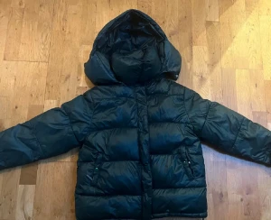 Mörkgrön vinterjacka pufferjacka med luva - Säljer en trending mörkgrön pufferjacka/vinterjacka med stor, mysig huva och dragkedja och knappar framtill. Den är från Bikbok i Stolek Xs men passar även S och även M beroende på hur man vill att den ska sitta💕💕Jag har klippt av resorbanden som satt på insidan längst ner, då jag  hellre hade utan (bild 3). Sedan finns det en liten fläck som knappt syns (bild 4).