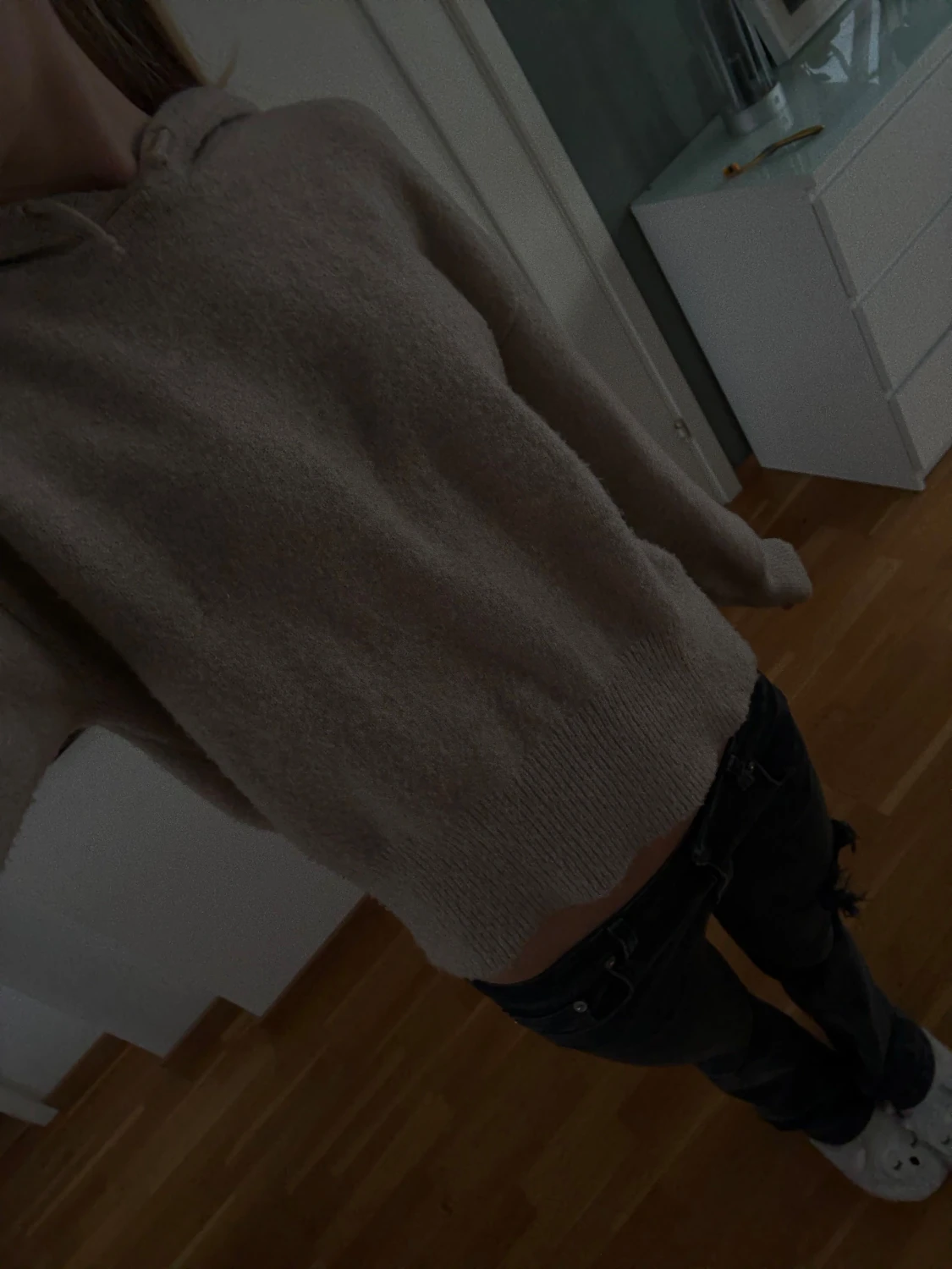 Beige stickad hoodie med huva - 3