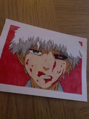 Hand ritat kaneki ken  - Har själv ritat den! Lite mindre än ett A4 papper, men ifall du vill ha exakta mått så kan du kontakta mig. Min signatur och datum står på baksidan🫶🏼