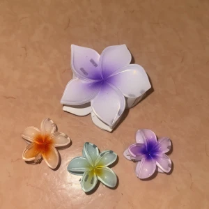 Blommiga hårklämmor i olika färger - Säljer fyra hårklämmor formade som blommor i olika färger: lila, orange, grön och ljuslila. Klämmorna har en glansig finish och är perfekta för att ge frisyren en färgglad och lekfull touch. Passar dig som gillar att sticka ut med accessoarer.