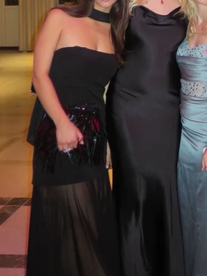 Svart långklänning med meshdetaljer - Säljer en svart långklänning med axelbandslös design och hög halsringning. Klänningen har en tight passform upptill och övergår i en lång, transparent meshkjol. Snygg öppen rygg och stilren look som sticker ut. Perfekt för dig som vill ha något unikt och trendigt. Klänningen har blivit som uppskuren av klackskorna men ingen som syns 