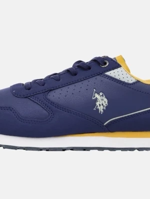 👟 U.S. Polo sportskor – original - Snygga mörkblå sneakers från Polo Ralph Lauren med vit logga på sidan och gula detaljer vid hälen. Skorna har snörning, perforerade partier och en platt sula. Materialet är syntet och textil, och de har en klassisk rund tå.