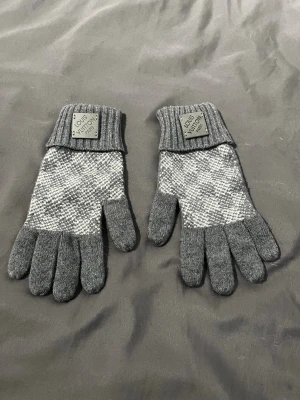 Grå Louis Vuitton stickade handskar - Snygga grå stickade handskar från Louis Vuitton med rutigt mönster och vikbar mudd med logotyp-patch. Perfekta för att hålla händerna varma och samtidigt se stilren ut under kyliga dagar.