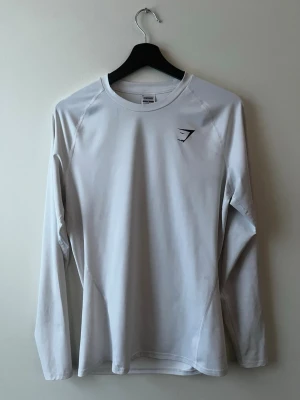 Vit långärmad träningströja Gymshark - Säljer en vit långärmad träningströja från Gymshark med . Tröjan har  ett stretchigt syntetmaterial som passar perfekt för gym eller löpning. Kan räkna på handen antal gånger tröjan använts 
