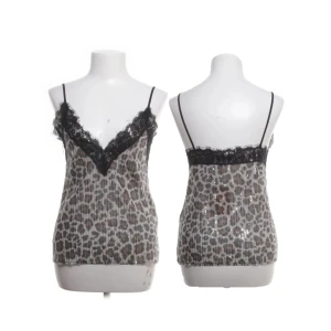 Leopardmönstrad paljettopp från Zara - Säljer en snygg leopardmönstrad linne-topp från Zara med tunna axelband och v-ringning dekorerad med svart spets. Toppen är täckt av glittriga paljetter och har en croppad passform. Perfekt för dig som vill sticka ut med ett djurmönster och coola detaljer.