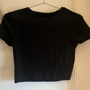 Svart ribbad croppad topp FSBN Sister - En svart croppad topp från FSBN Sister med ribbad struktur. T-shirten har rund halsringning och korta ärmar. Enkel och stilren modell som är lätt att matcha med olika outfits.