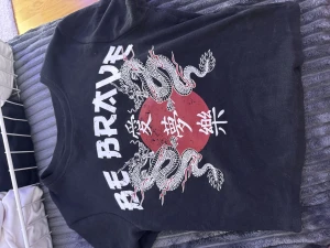 Svart t-shirt med draktryck och text - Cool svart t-shirt med stort tryck av en vit drake och röd cirkel på bröstet. Texten 'BE BRAVE' och japanska tecken ger en edgy vibe. T-shirten är kortärmad och har en klassisk passform, perfekt för dig som vill sticka ut.