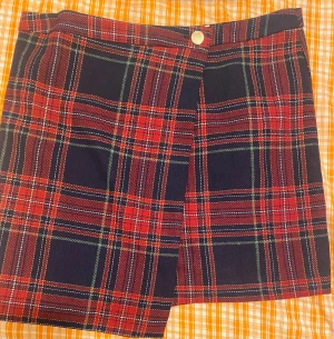 Rutig kortkjol från Holly & Whyte - Snygg kortkjol från Lindex med klassiskt rutig mönster i mörkblått, rött och grönt. Kjolen har en guldig knapp framtill och är gjord i ett stadigt polyestertyg. Perfekt för dig som gillar preppy stil och vill sticka ut med färg.